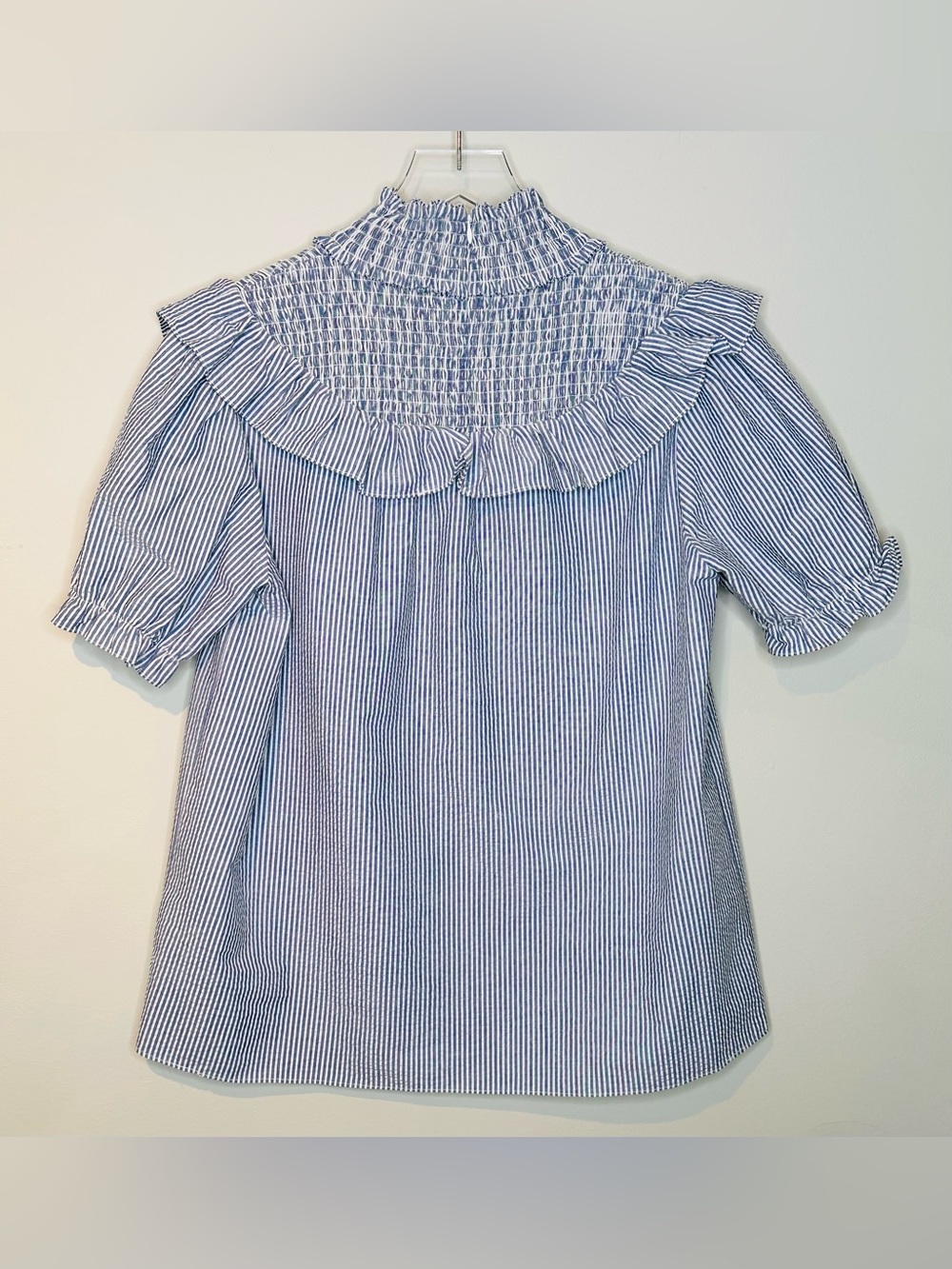 Sail To Sable Blue White Seersucker Smocked Ruffle Neck Blouse Shirt Top - Picture 2 of 9